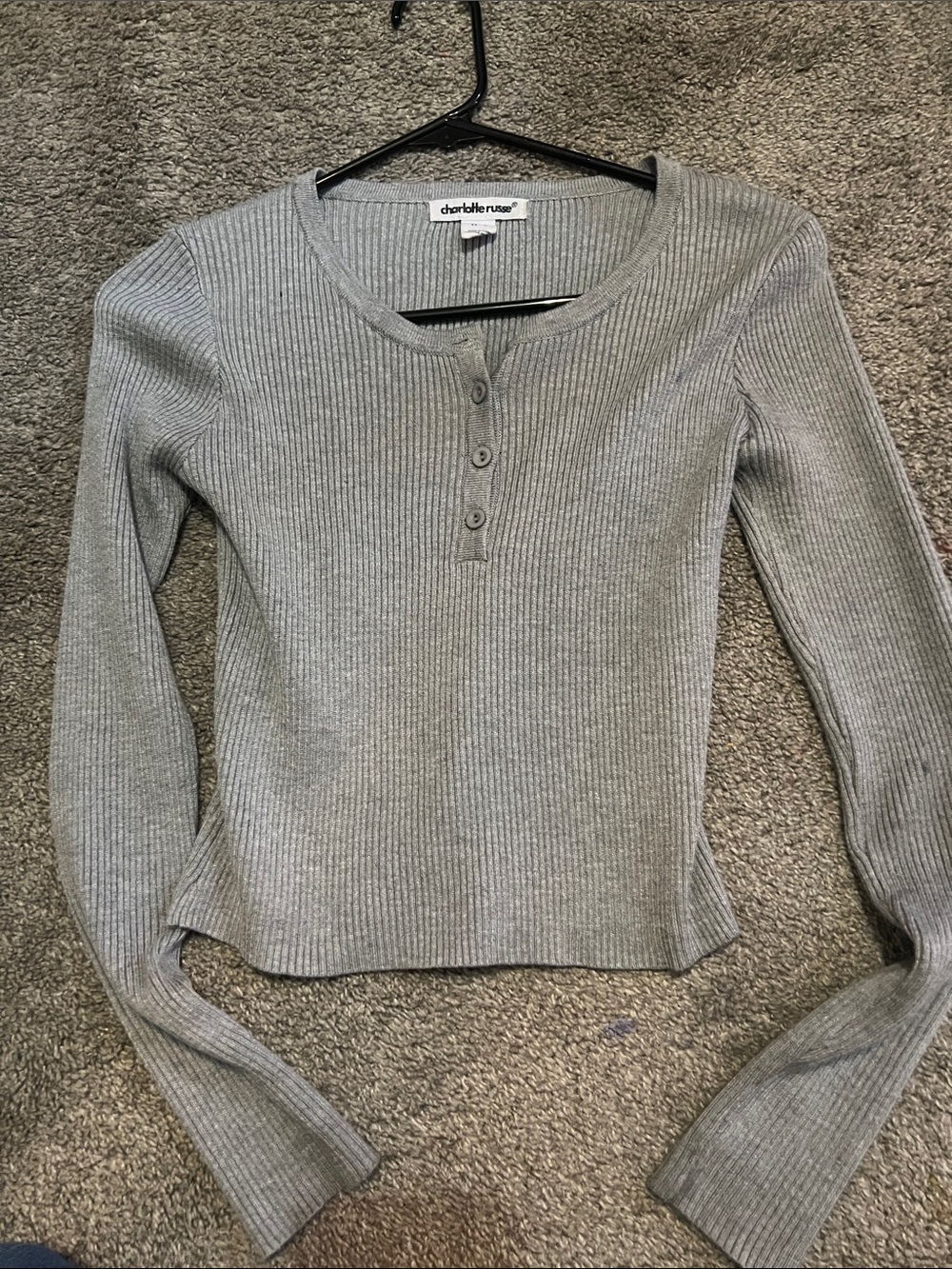 Charlotte Russe Ribbed Henley Long-Sleeve Top - Gray